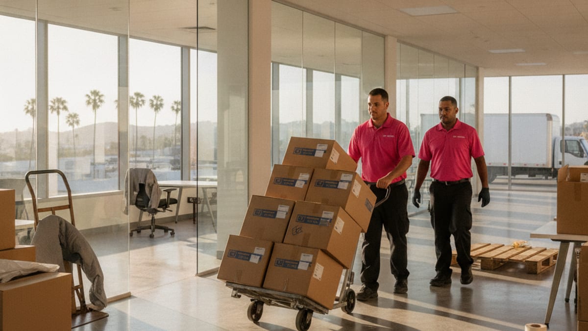 Mover in a hot pink polo wheeling labeled crates through a modern San Diego office lobby