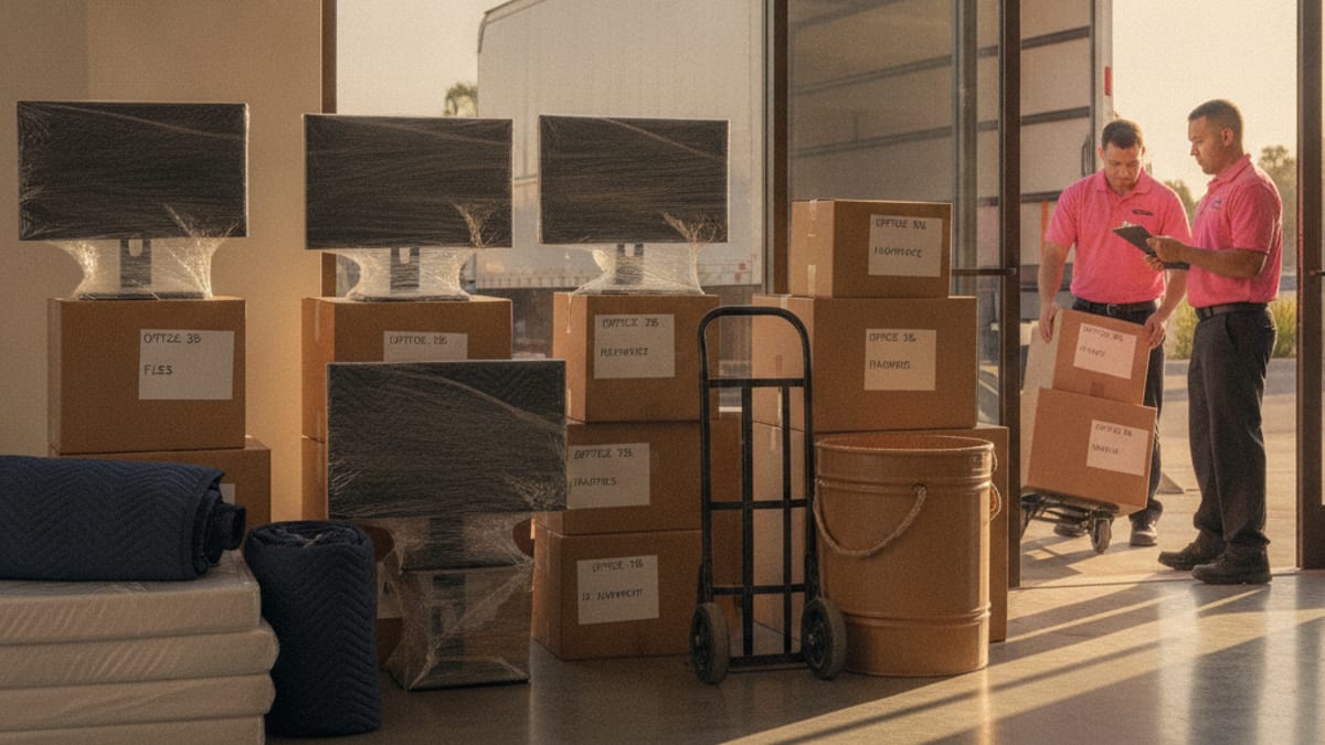 Wrapped office monitors and labeled boxes staged by a glass office entrance