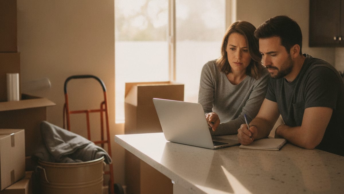 A couple reviewing a budget on a laptop at a kitchen counter with a few moving boxes