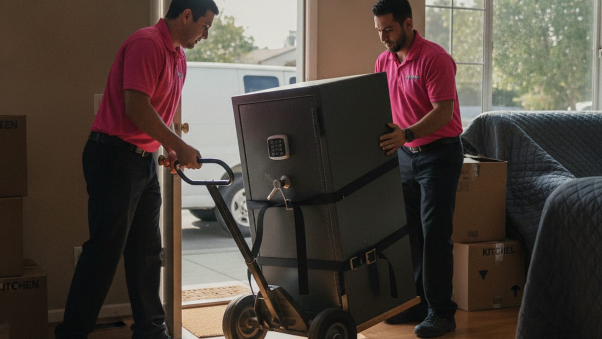 Movers in hot pink polos moving a heavy gun safe on a stair-climbing dolly with floor protection