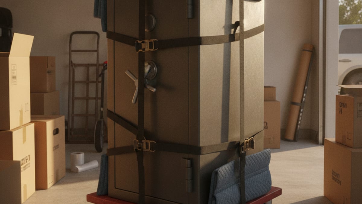 Close-up of a heavy safe strapped to a dolly with moving straps and blankets
