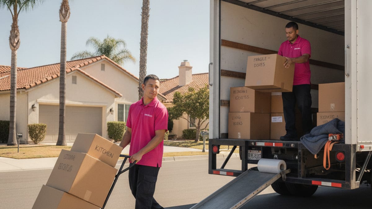 Master Movers San Diego truck pulling up to a San Diego apartment with two movers stepping out for a same-day load