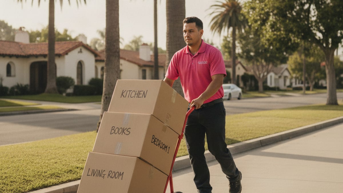 Stacked wrapped furniture and labeled boxes staged in a sunlit San Diego storage space before a move