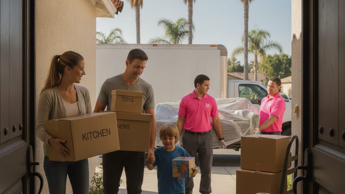 Marine family unloading a moving truck in front of base housing at Camp Pendleton with a Master Movers San Diego crew assisting