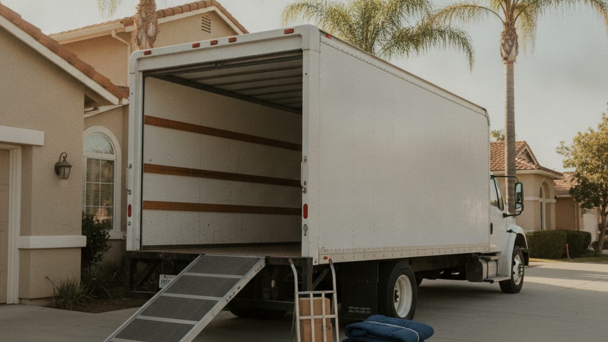 Mover pad-wrapping a flat-screen TV before loading into a long-haul moving trailer in San Diego