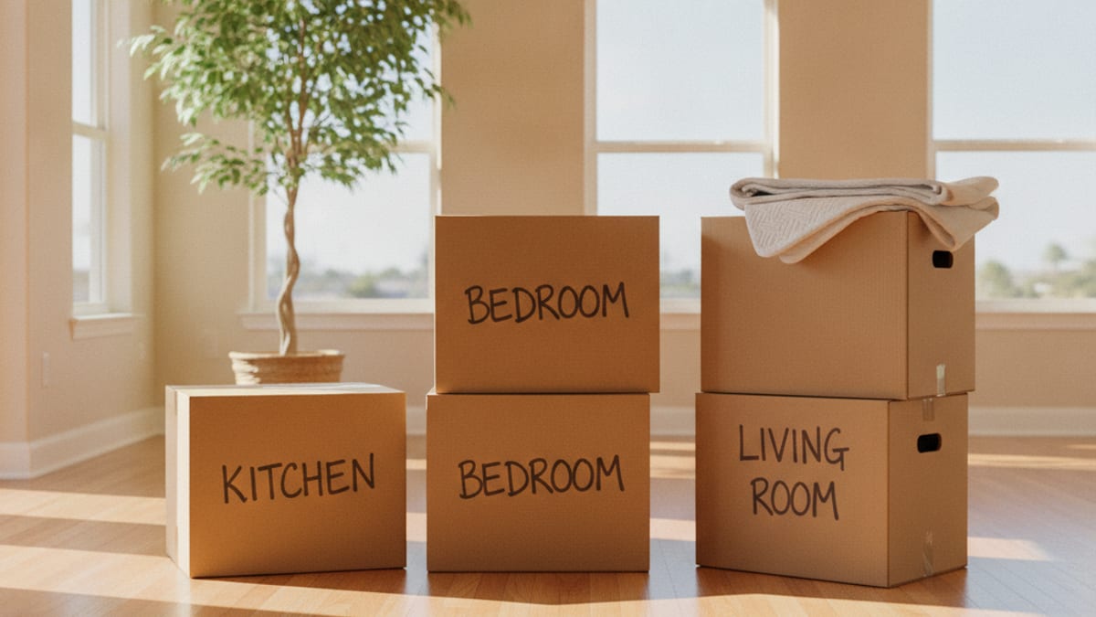 A packer wrapping fragile kitchenware in paper and boxing it inside a San Diego apartment kitchen