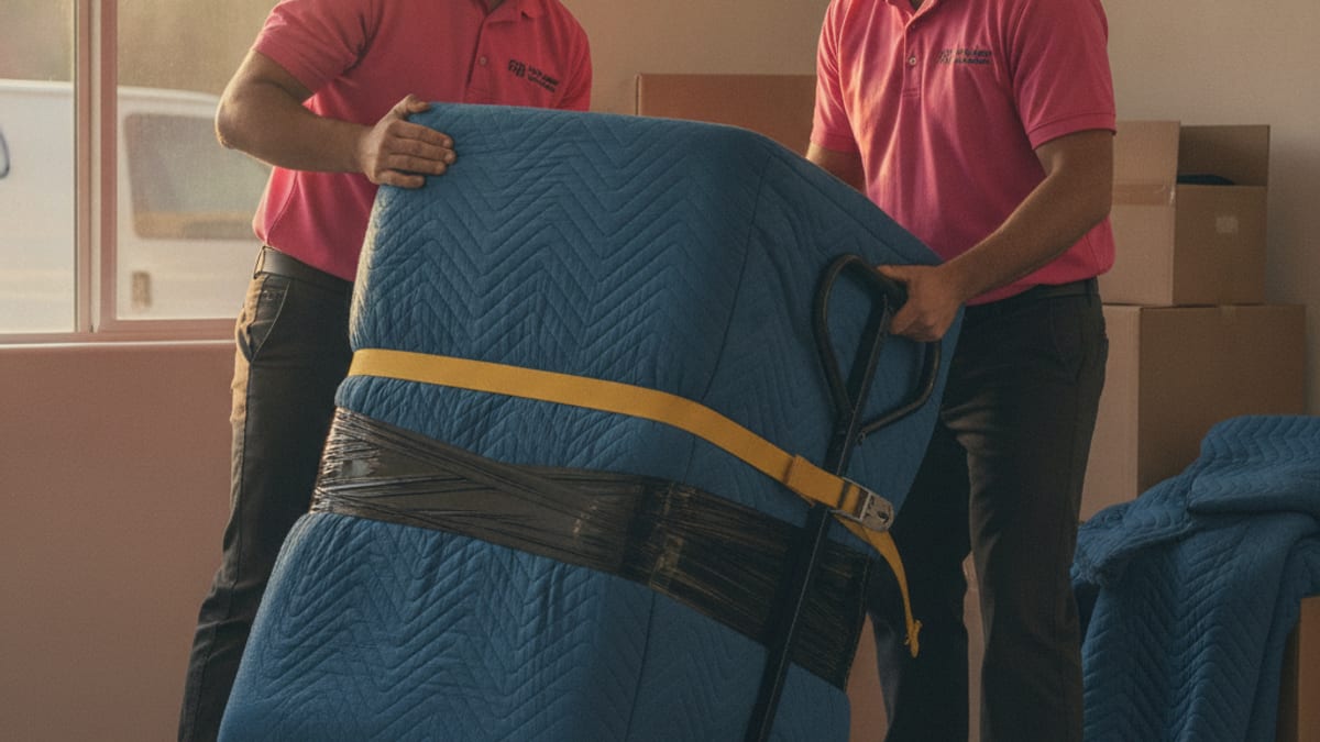 Master Movers San Diego movers carrying a wrapped mattress down an exterior apartment stairwell in a San Diego complex