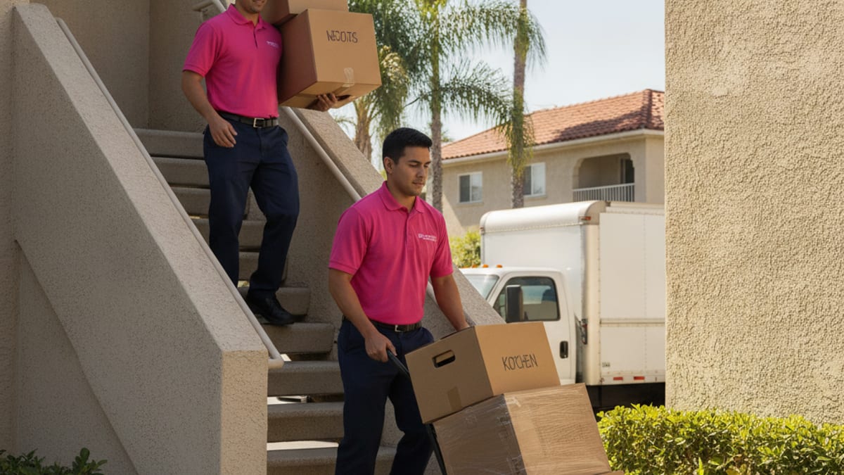 Two Master Movers San Diego movers in hot pink polos loading wrapped furniture into a customer's rented moving truck on a San Diego street