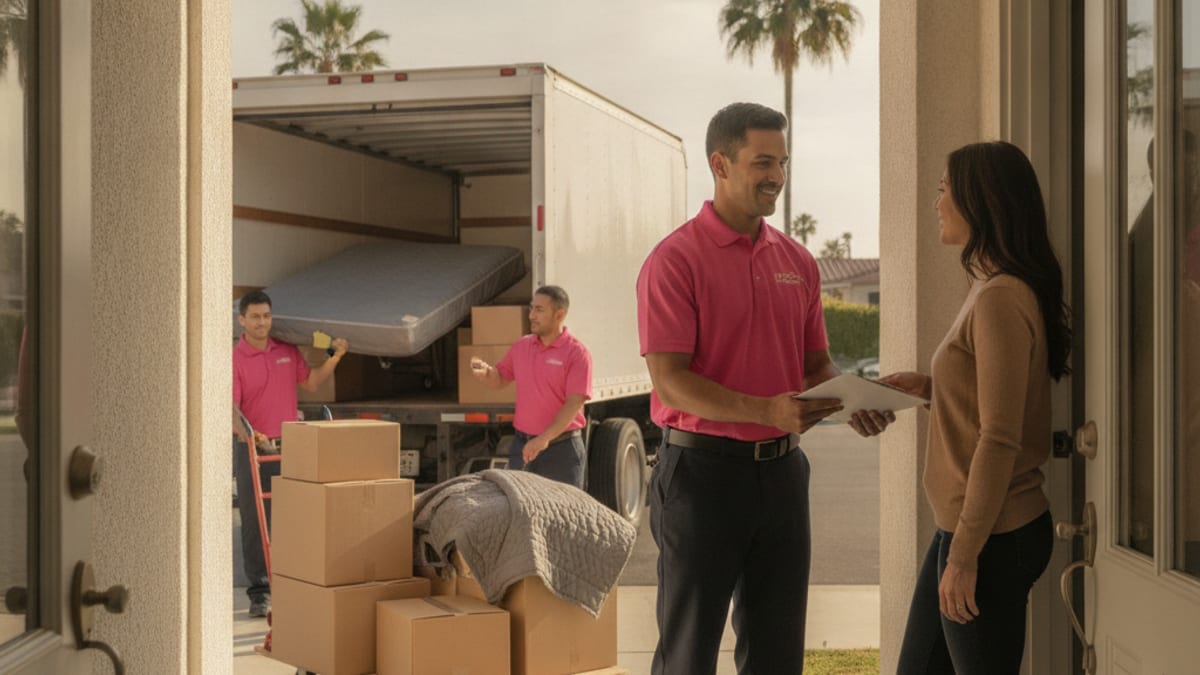 Mover and homeowner reviewing a printed binding moving estimate at a kitchen counter in a San Diego home