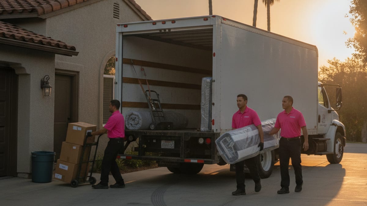A San Diego couple checking off a moving checklist next to packed boxes in a sunlit living room
