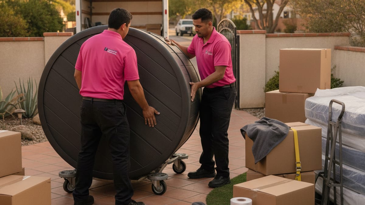 Four movers in hot pink polos moving a large hot tub on heavy dollies across a backyard