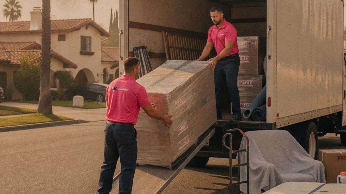 Movers in hot pink polos strapping furniture in tiers inside a half-loaded box truck