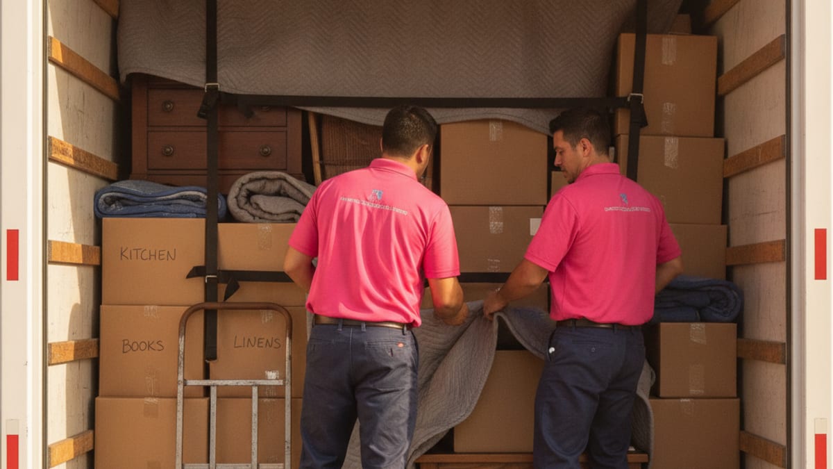 View inside a moving truck showing heavy items loaded forward and boxes stacked in tiers