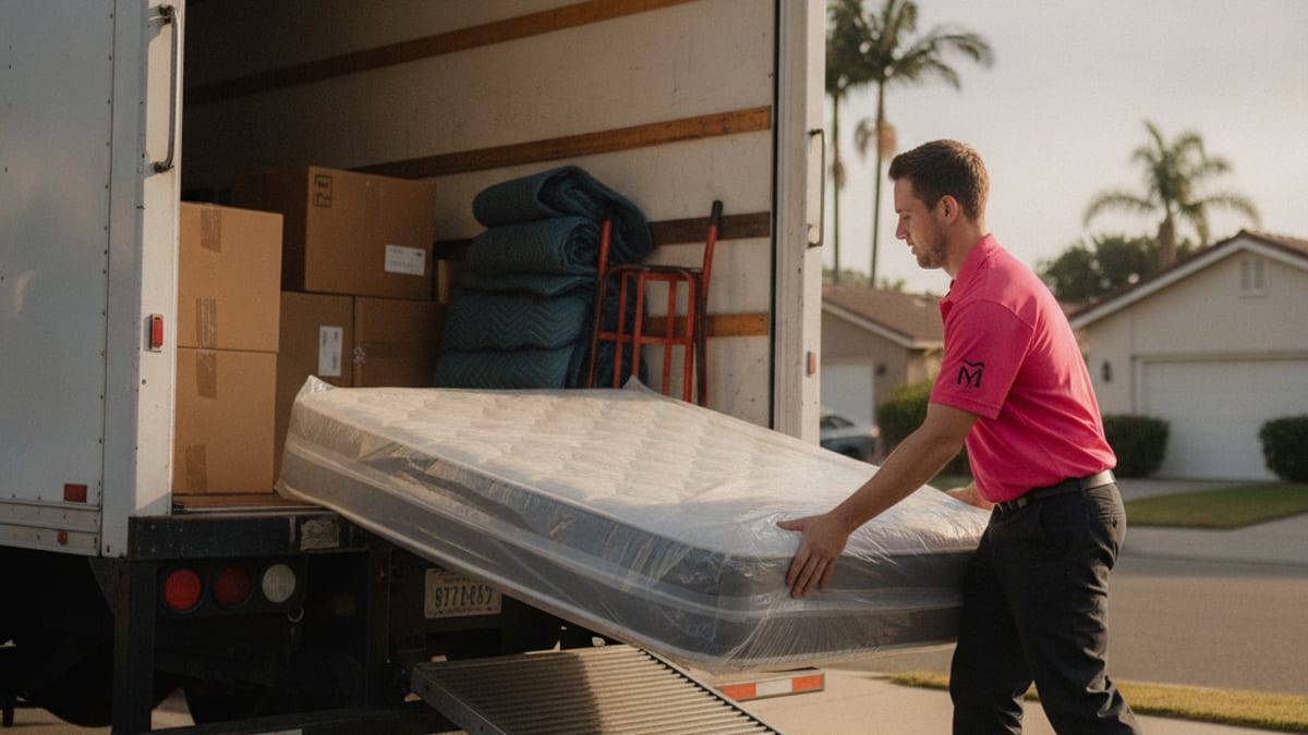 Two movers in hot pink polos carrying a bagged mattress down San Diego apartment stairs