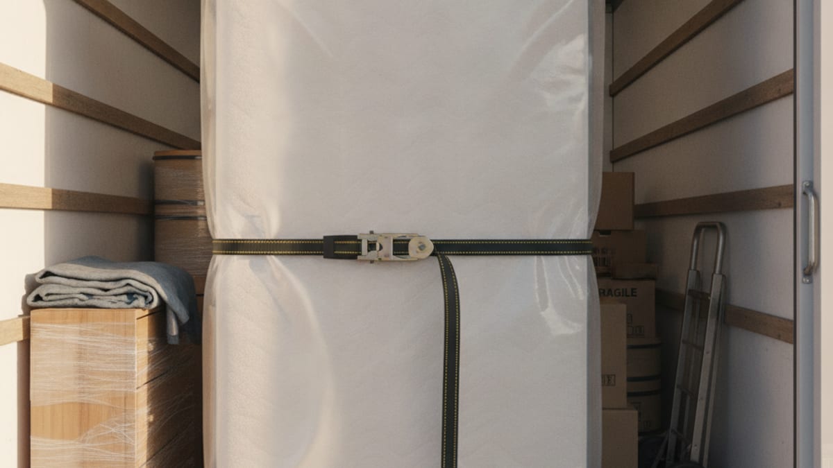 A mattress sealed in a clear bag standing upright and strapped against a truck wall