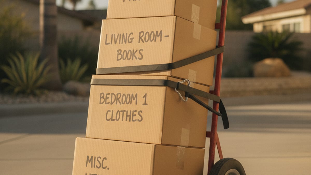 Master Movers San Diego mover carrying a wrapped dresser down apartment stairs toward a rented truck