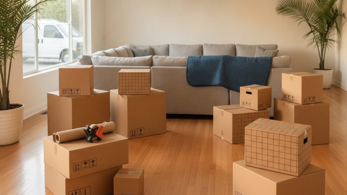 A neat stack of various moving box sizes with packing supplies in a sunlit room