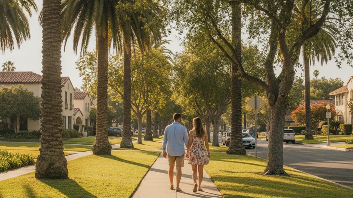 A couple walking a tree-lined San Diego neighborhood sidewalk on a sunny afternoon
