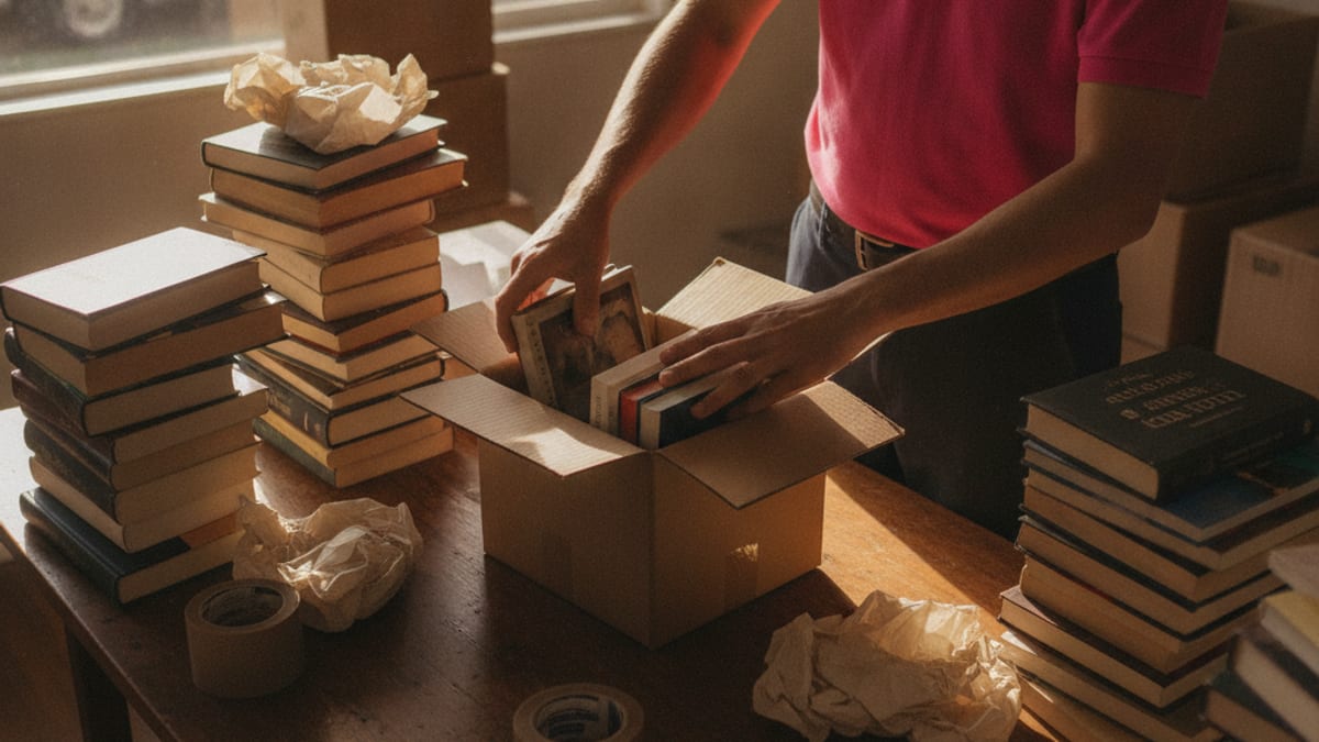 Books being packed into small sturdy boxes on a hardwood floor in a sunlit room
