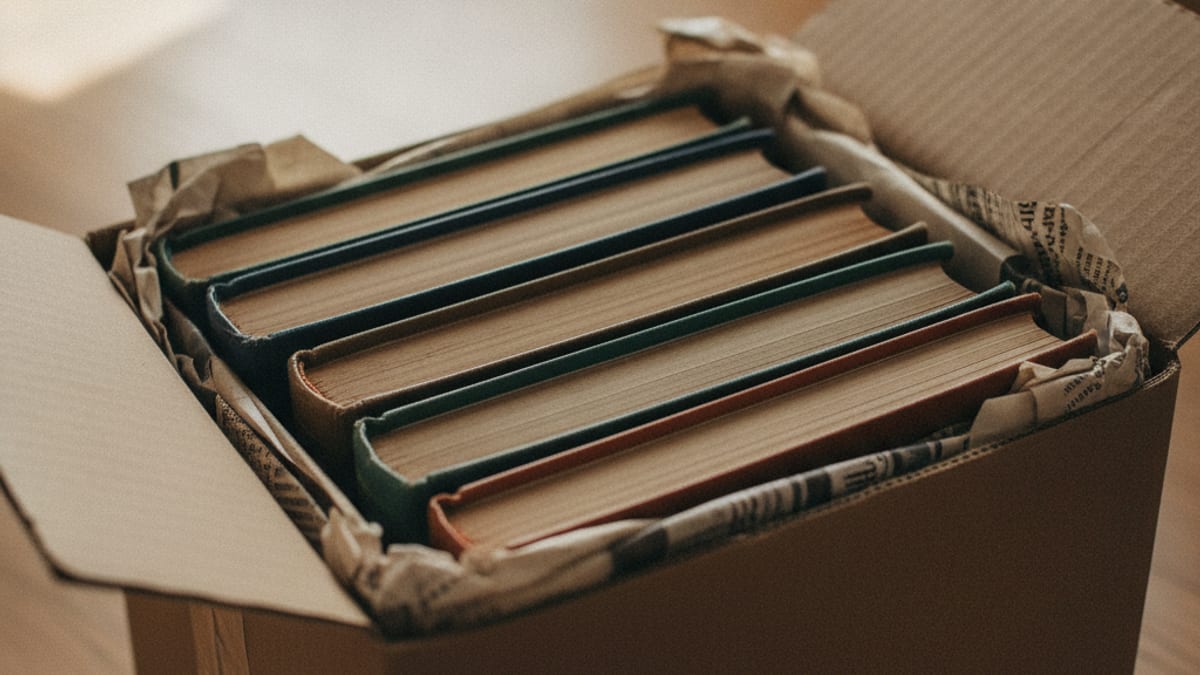 Close-up of books packed flat and spine-down in a small box with paper filling the gaps