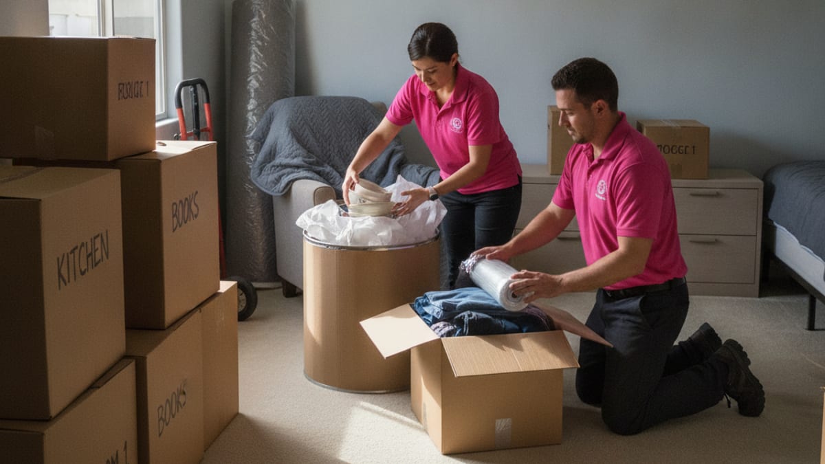 Person packing a living room with labeled boxes and packing paper in a sunlit San Diego home