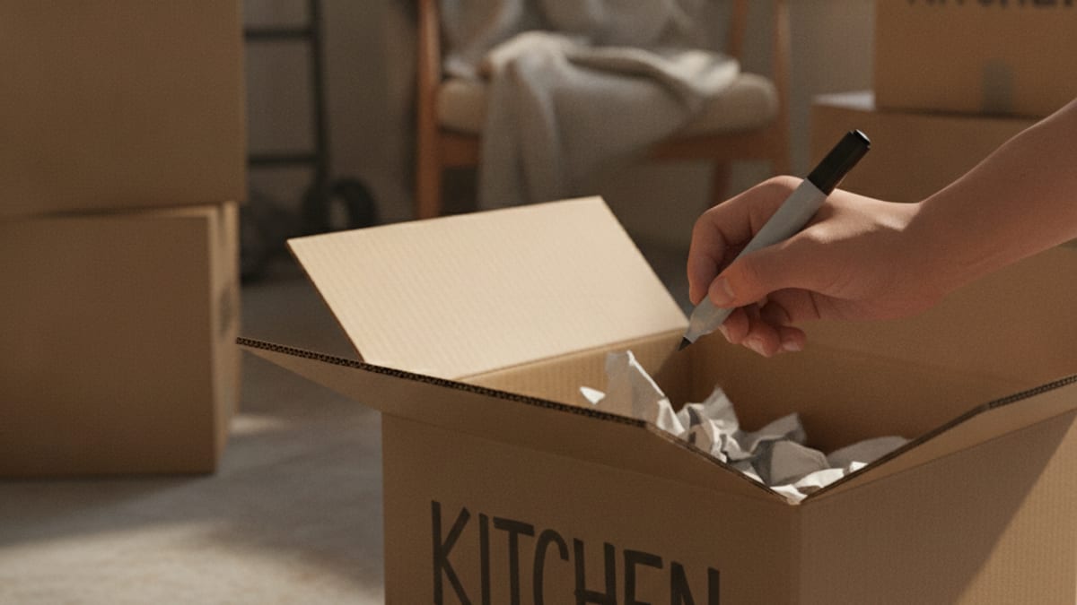 Close-up of labeling a moving box by room with a marker
