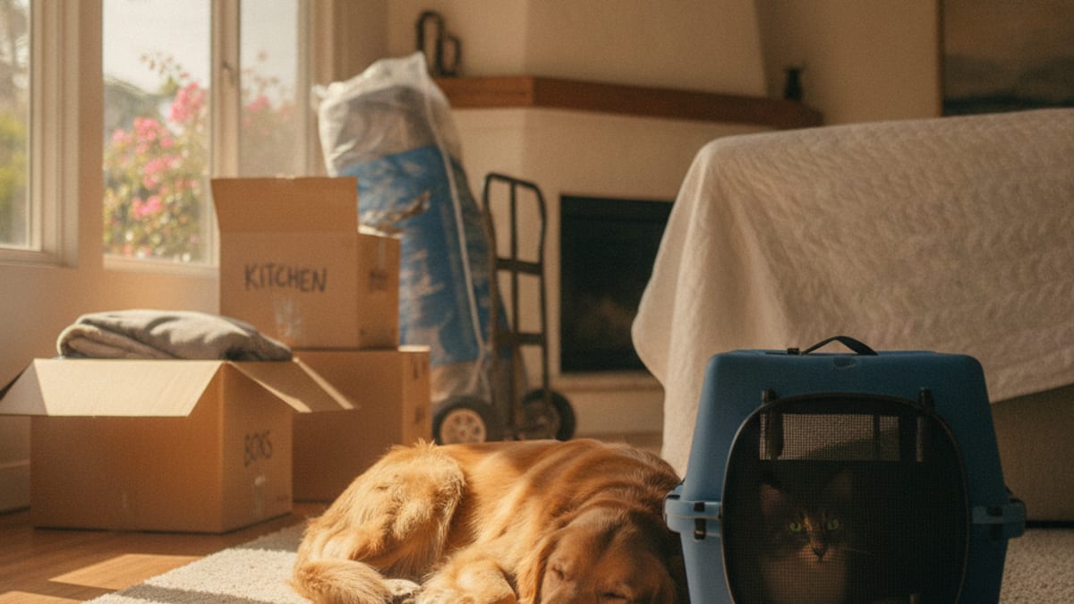 A calm dog beside a pet carrier in a sunlit San Diego living room with moving boxes
