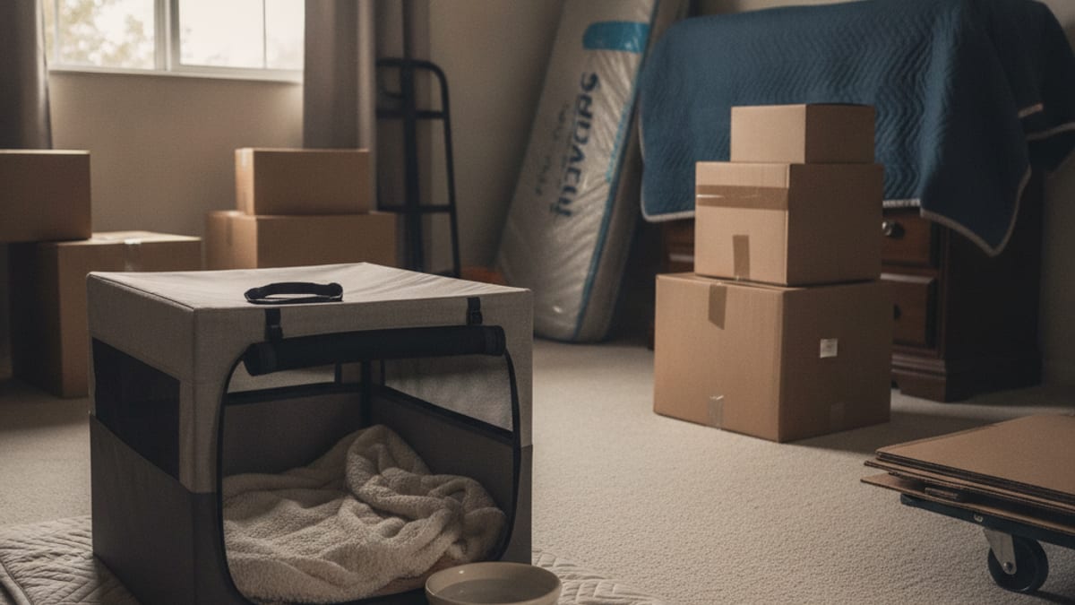 A cat carrier with a blanket and water bowl set up in a quiet closed room on moving day
