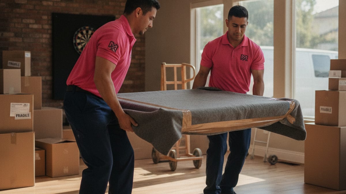Two movers in hot pink polos carrying a blanket-wrapped slate pool table section out of a San Diego home