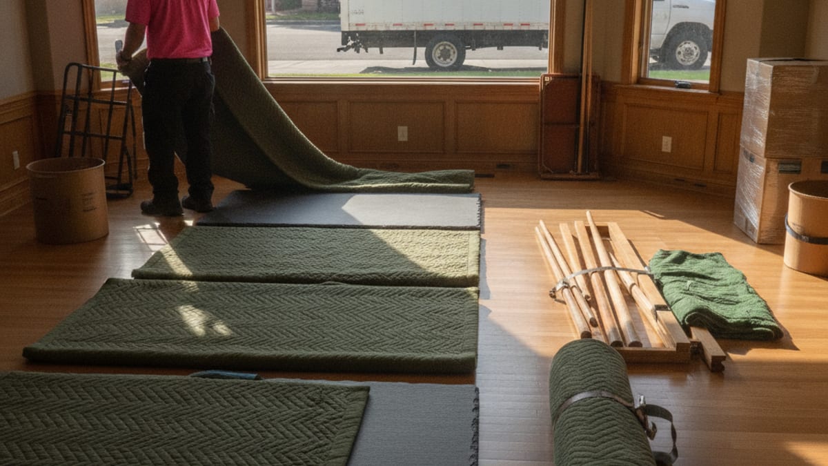 Disassembled pool table with slate sections wrapped in moving blankets on the floor of a game room
