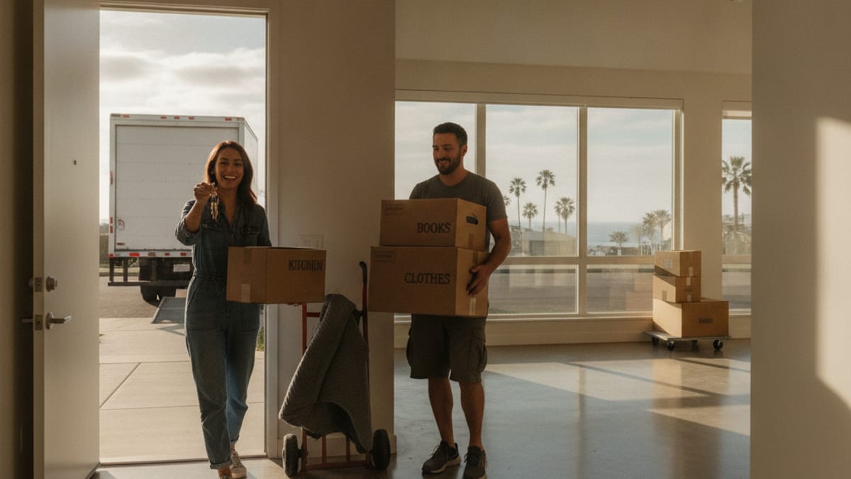 A couple carrying boxes into a sunlit new San Diego apartment, keys in hand