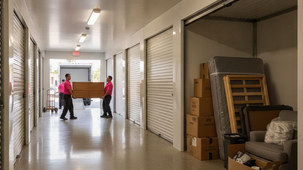 Open self-storage unit with neatly stacked labeled boxes and wrapped furniture