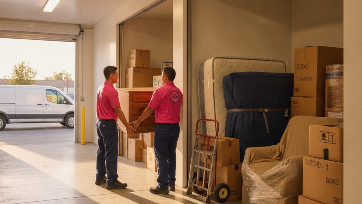 Row of self-storage roll-up doors with a mover wheeling a dolly of boxes