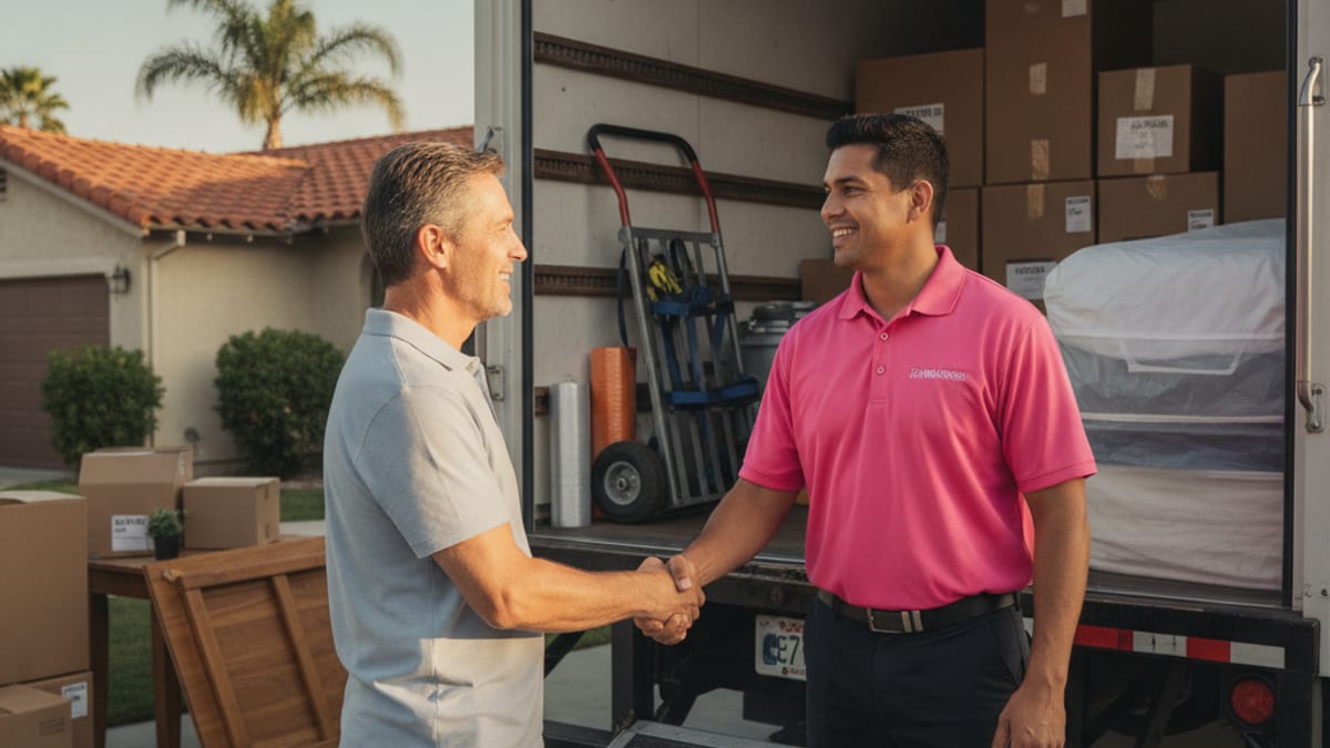 Homeowner handing a cash tip to a Master Movers San Diego mover in a hot pink polo beside the moving truck