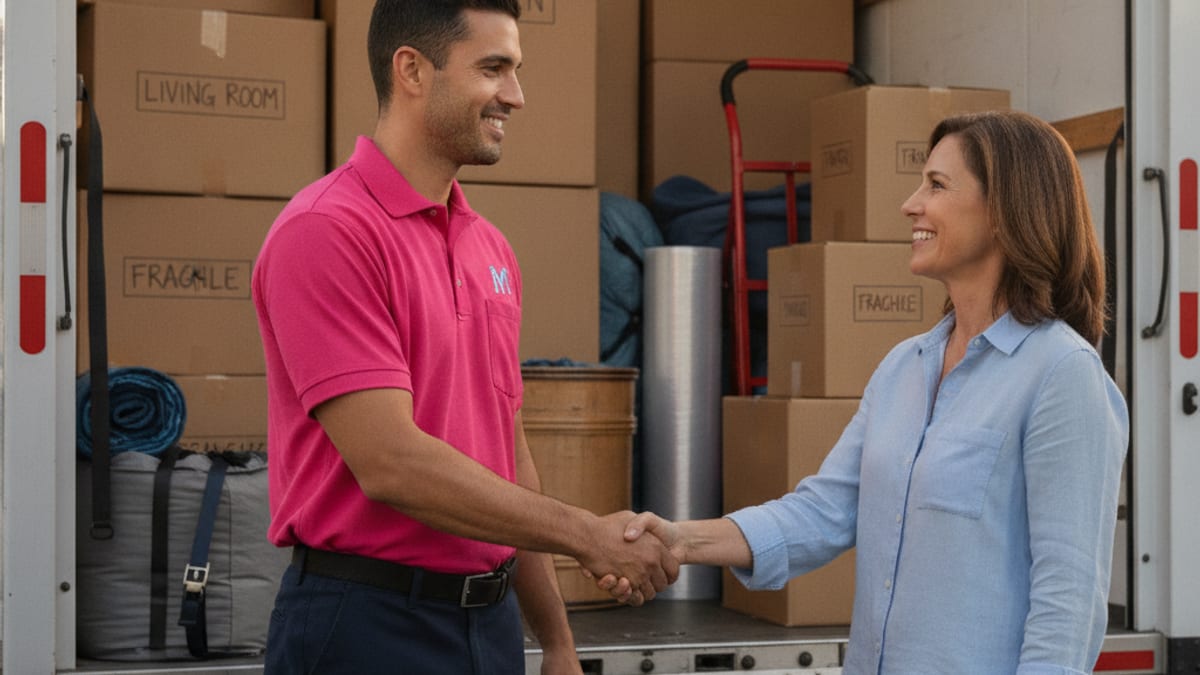 Close-up of a mover in a hot pink polo shaking hands with a customer at the back of a moving truck