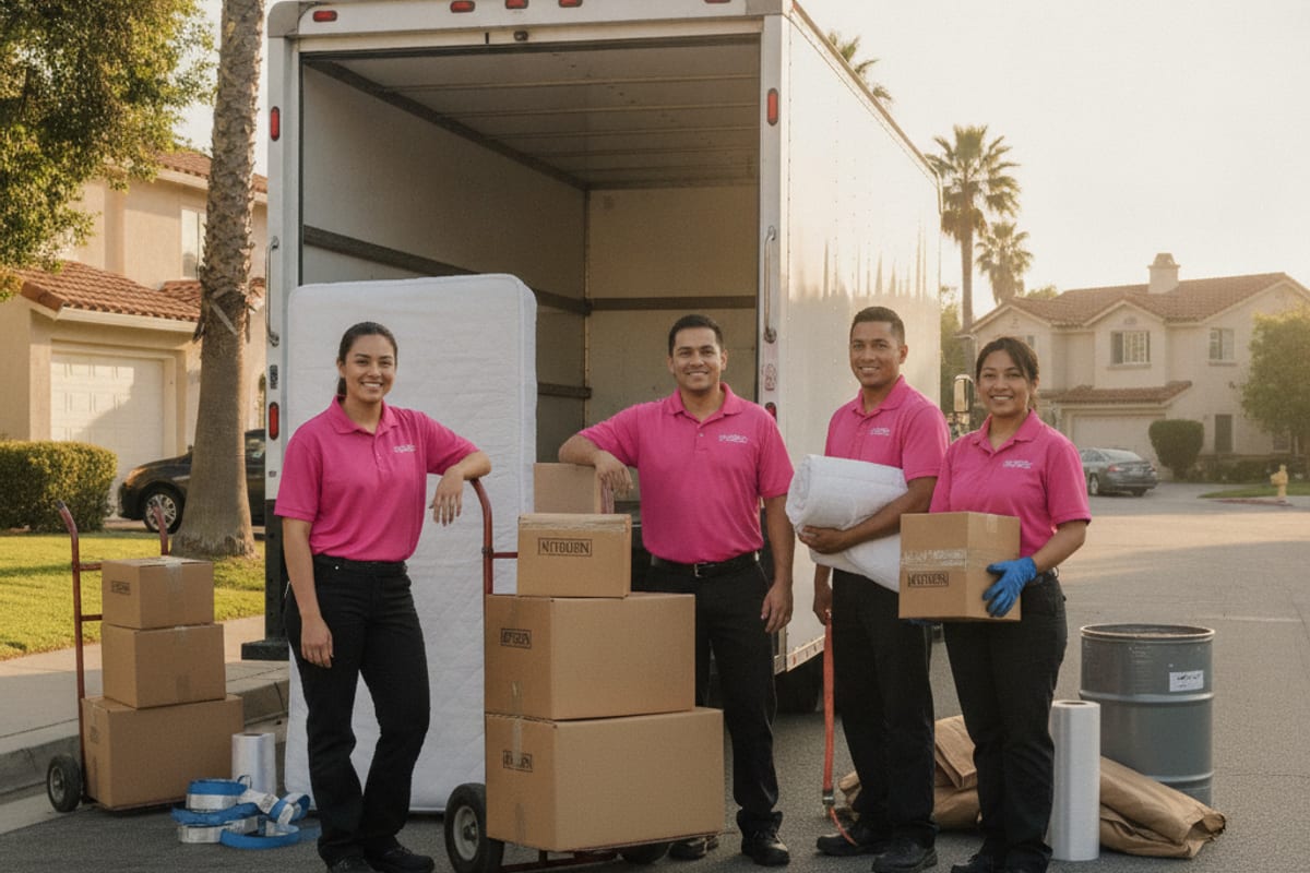 Master Movers San Diego uniformed crew in hot pink polos loading a labeled box onto a 26-foot moving truck outside a San Diego home