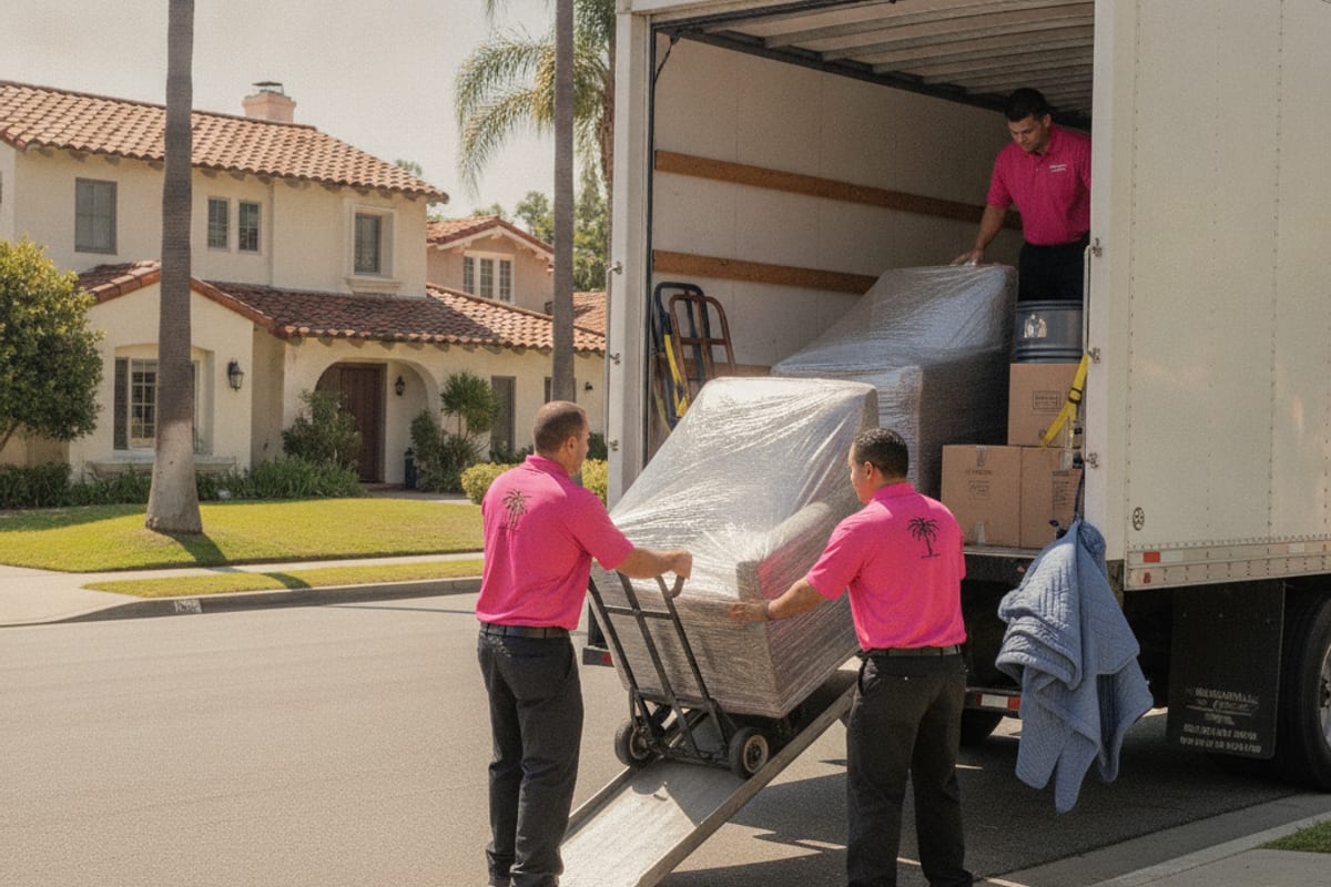 Master Movers San Diego uniformed crew loading boxes and furniture into a 26-foot moving truck on a San Diego residential street in warm afternoon light