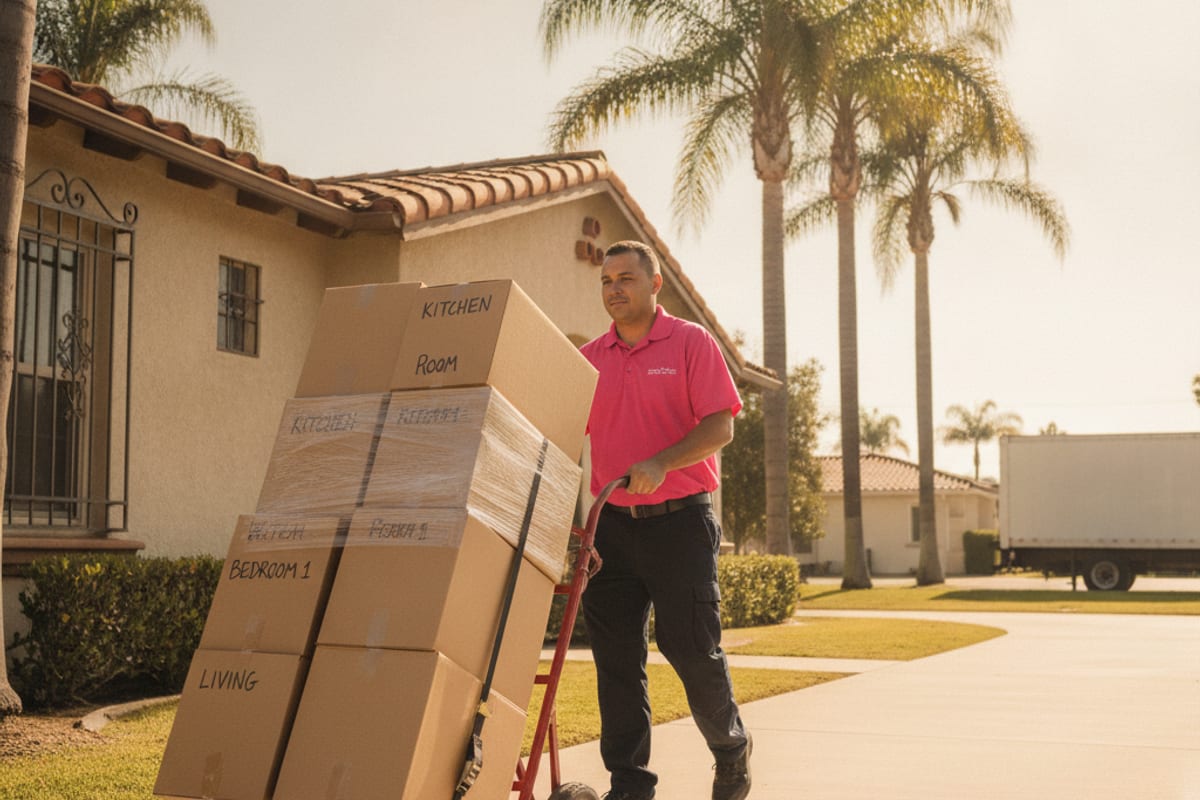 Overhead flat-lay of professional moving equipment including furniture pads, boxes, dollies, and shrink wrap on a clean truck floor