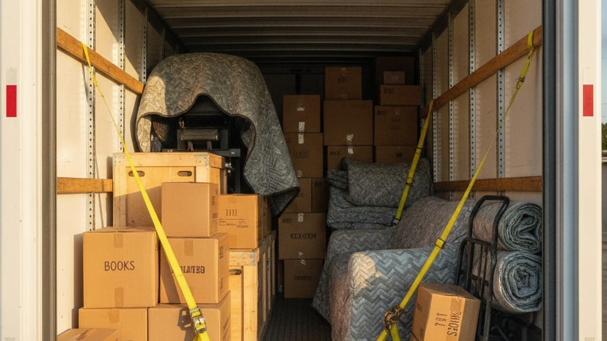 Two movers in hot pink polos loading boxes against the cab wall of a white box truck