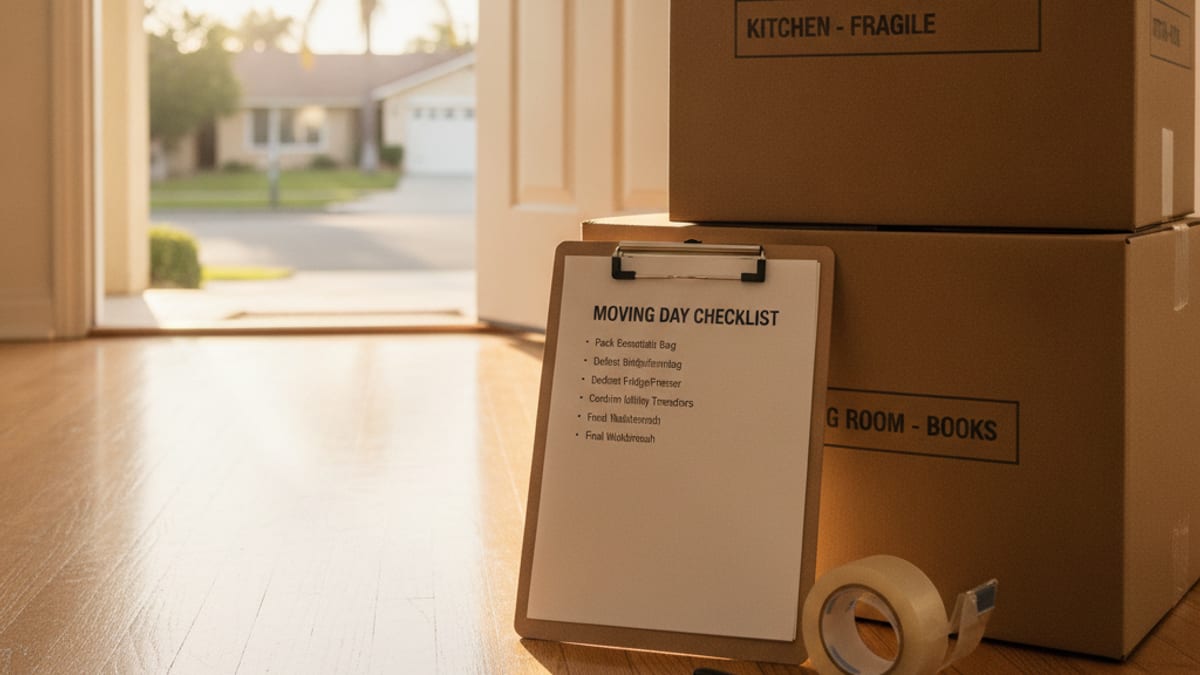 Homeowner reviewing a clipboard checklist with a mover in hot pink polo at the front door