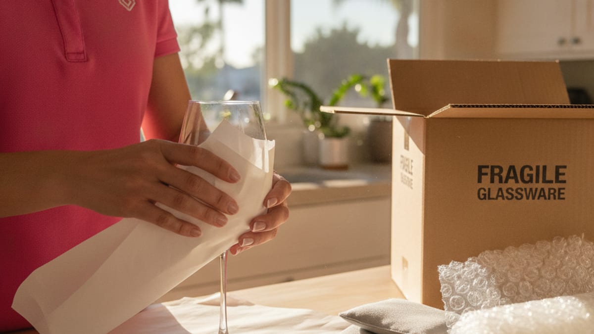 Homeowner wrapping a stack of plates with packing paper next to a dish-pack barrel