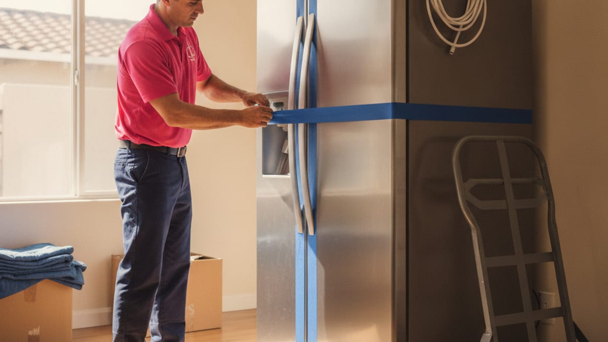 Homeowner taping a refrigerator door shut with appliance dolly nearby