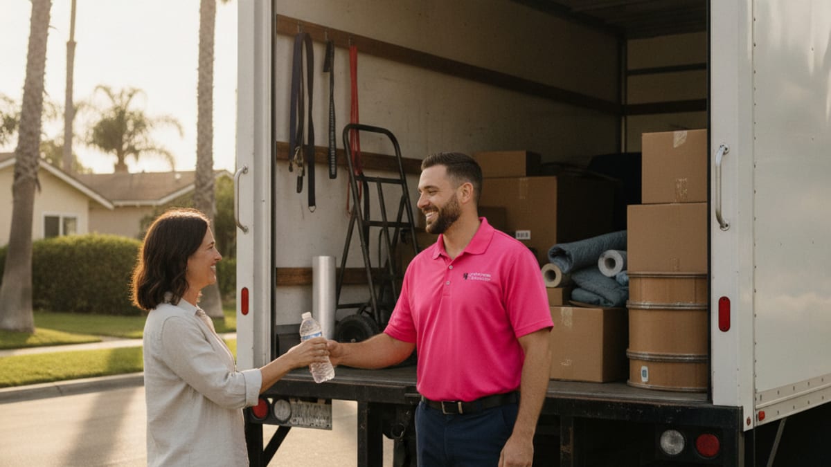 Homeowner handing cash to a mover in a hot pink polo at the front door