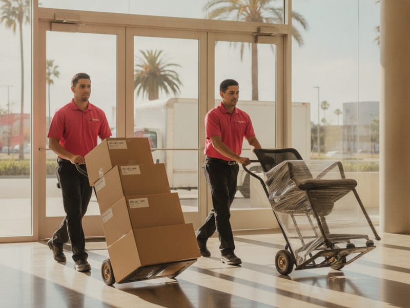 Master Movers San Diego movers in hot pink polos transporting office desks and chairs in a downtown San Diego high-rise