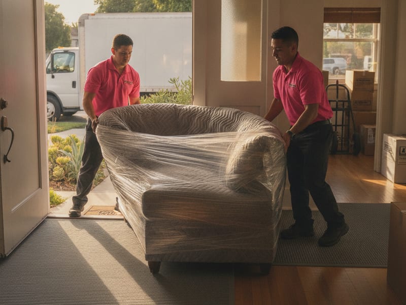 Two Master Movers San Diego movers in hot pink polos carrying a pad-wrapped sofa down San Diego front steps