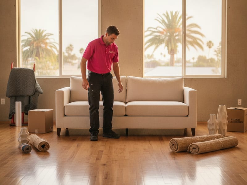 Master Movers San Diego mover in hot pink polo carefully placing a staged sofa in a San Diego living room ahead of a listing photo shoot