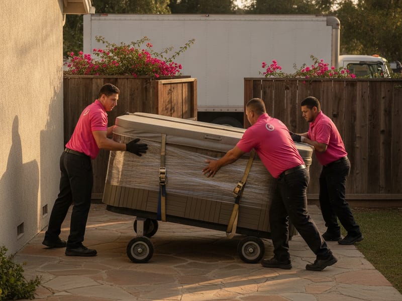 Master Movers San Diego movers in hot pink polos guiding a spa on furniture skates through a side yard toward a waiting flatbed