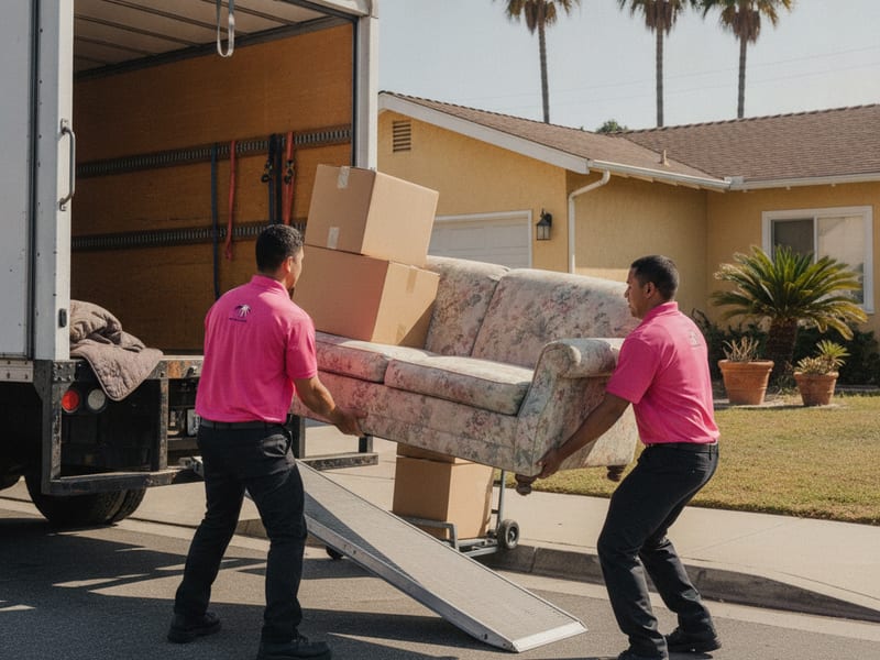 Master Movers San Diego mover in hot pink polo loading a couch into a junk removal truck outside a San Diego garage