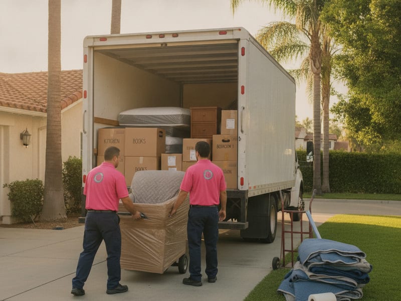 Master Movers San Diego crew in hot pink polos loading furniture into a customer-rented U-Haul in San Diego