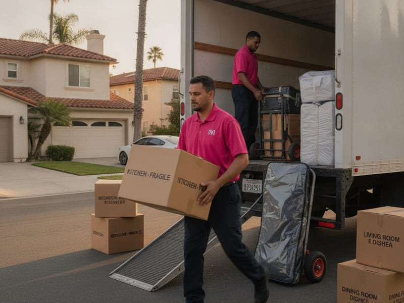 Master Movers San Diego truck pulling up curbside at a San Diego apartment for a same-day move with mover in hot pink polo